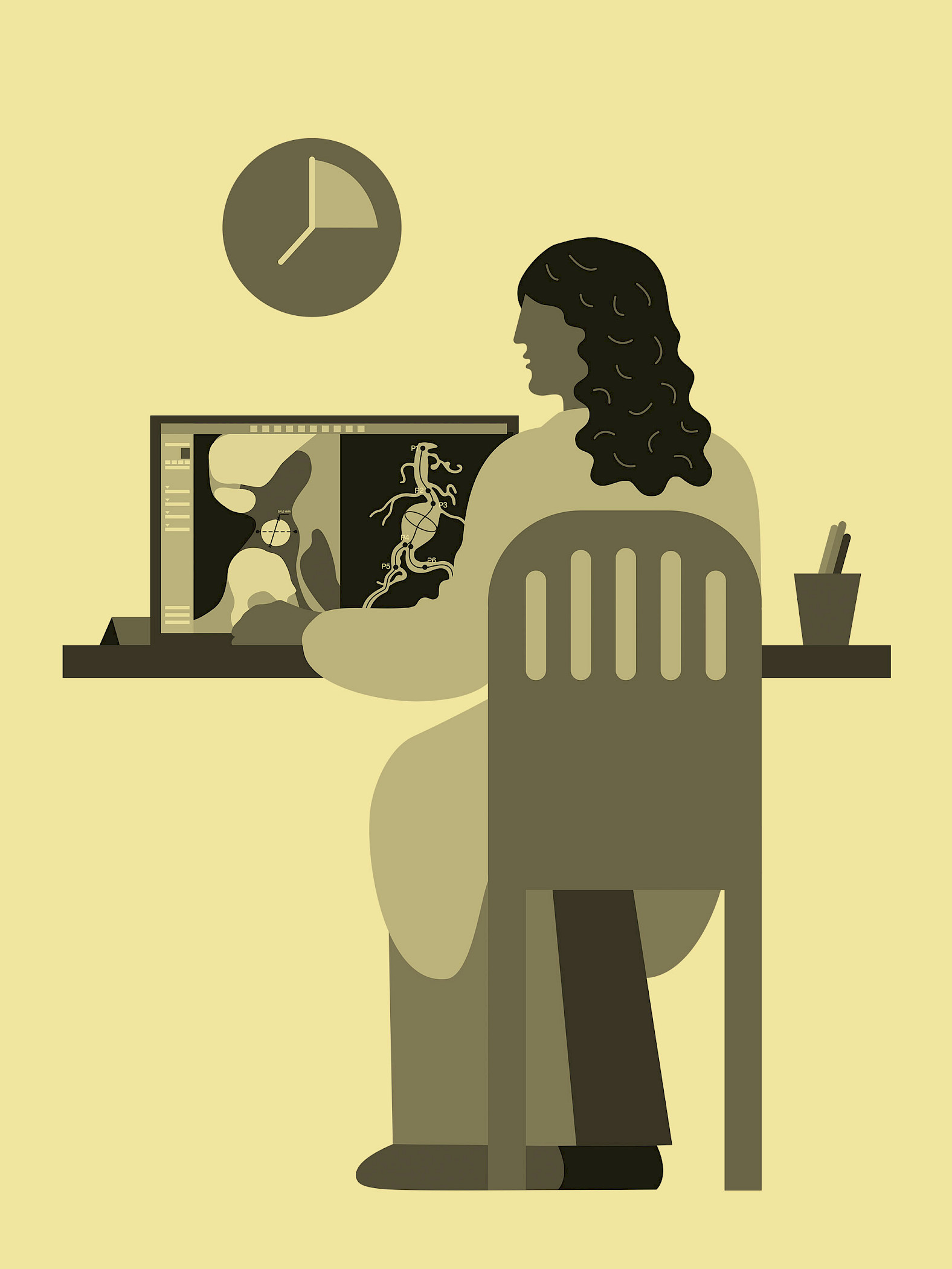 Illustration of a person sitting in front of a screen outside a cath lab, planning a procedure. A clock hangs on the wall above the screen.