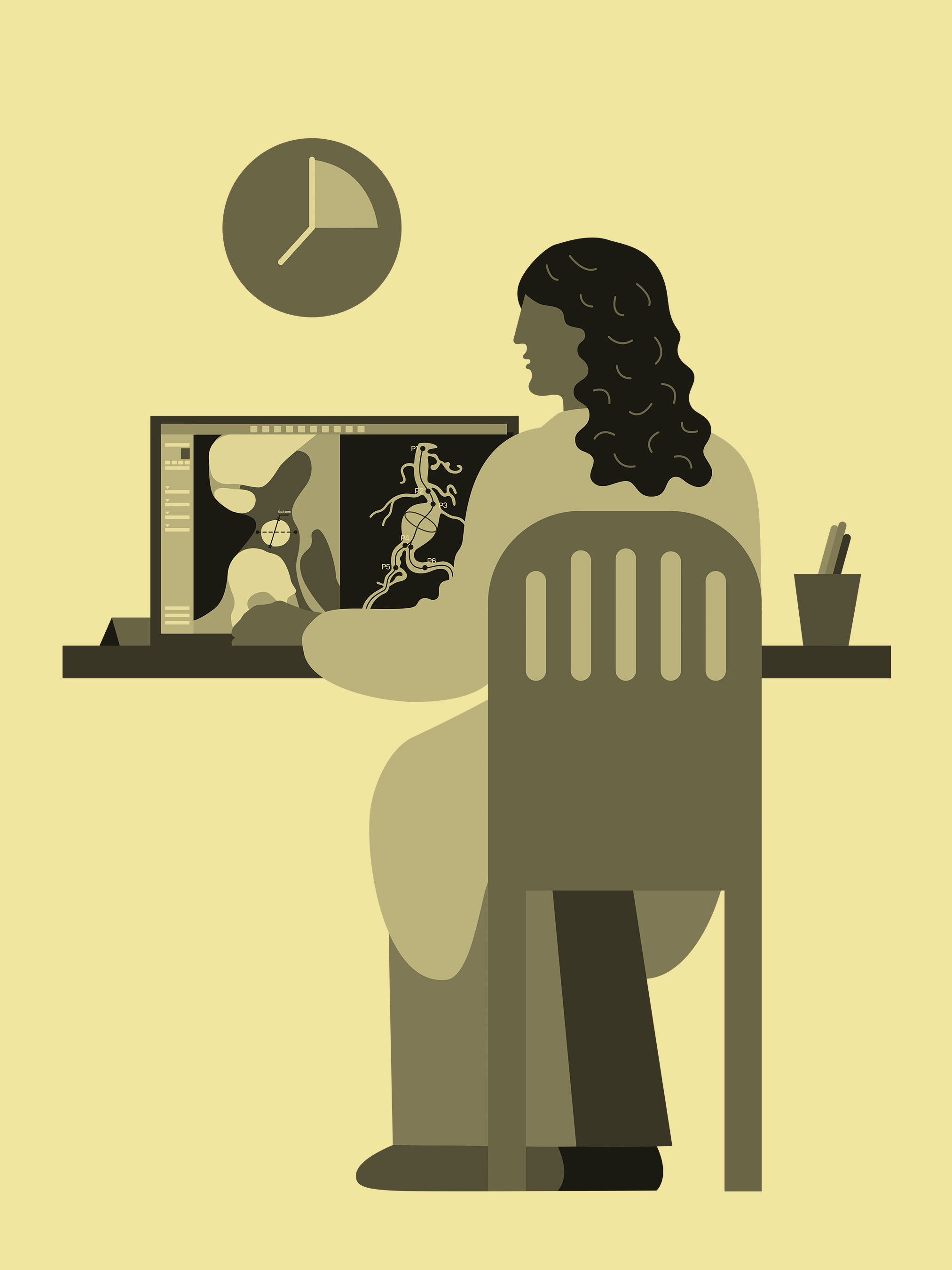 Illustration: Person sitting in front of a screen with cardiovascular case planning software.